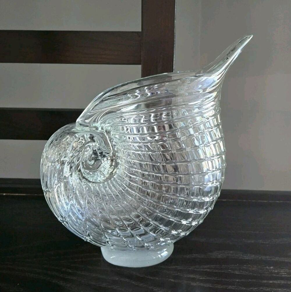 Vintage Coastal Nautical Art Glass Clear Nautilus Conch Shell Vase Pitcher Beach